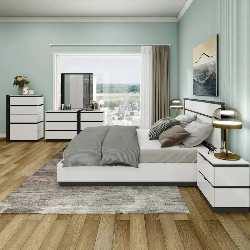 Ensemble de 6 meubles de chambre à coucher modernes en bois massif blanc avec plateforme (avec ports USB)