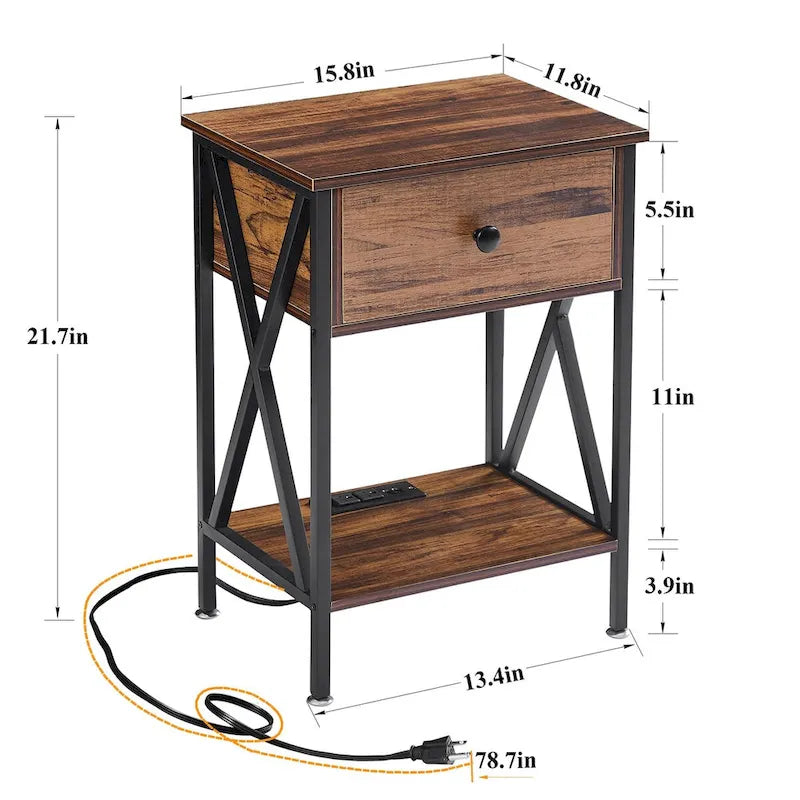 Table de chevet à 1 tiroir avec station de charge et étagère de rangement