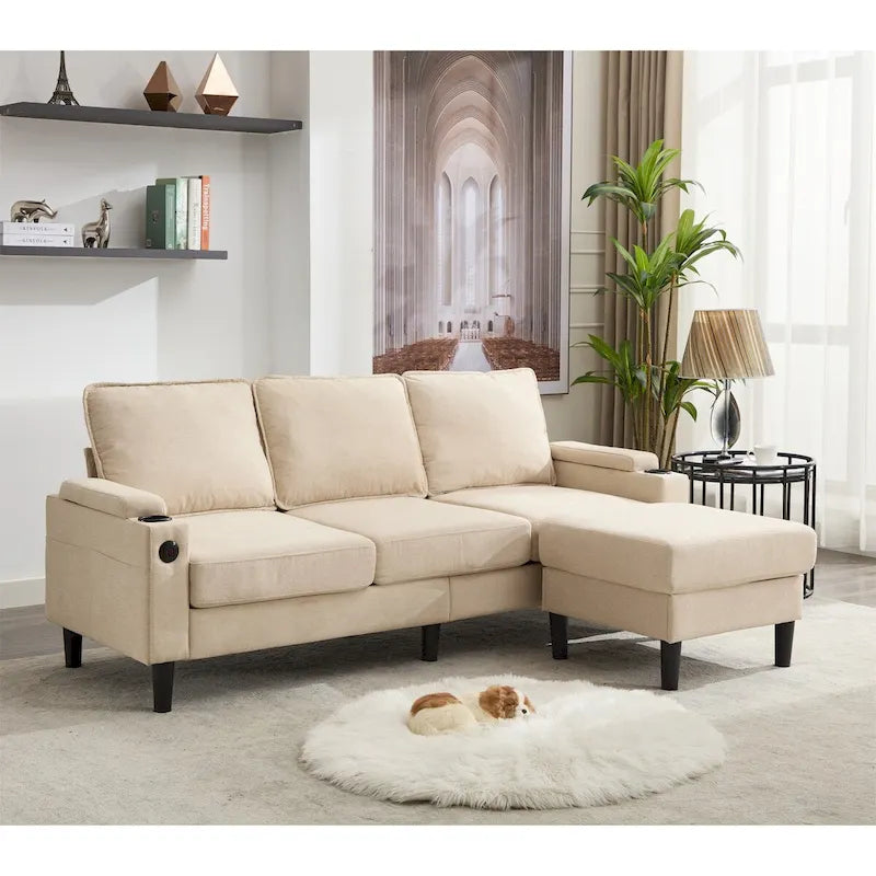 Canapé d'angle en tissu en L avec pouf de rangement et port USB
