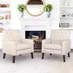LUE BONA Mid-Century Modern Upholstered Linen Fabric Button Tufted Accent Chair Set of 2 - 28.5 W X 27.25 D X 33.75 H