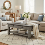 Rome 48 Inch Cocktail Table, 2 Drawers, Casters, Brown and Gray Solid Wood