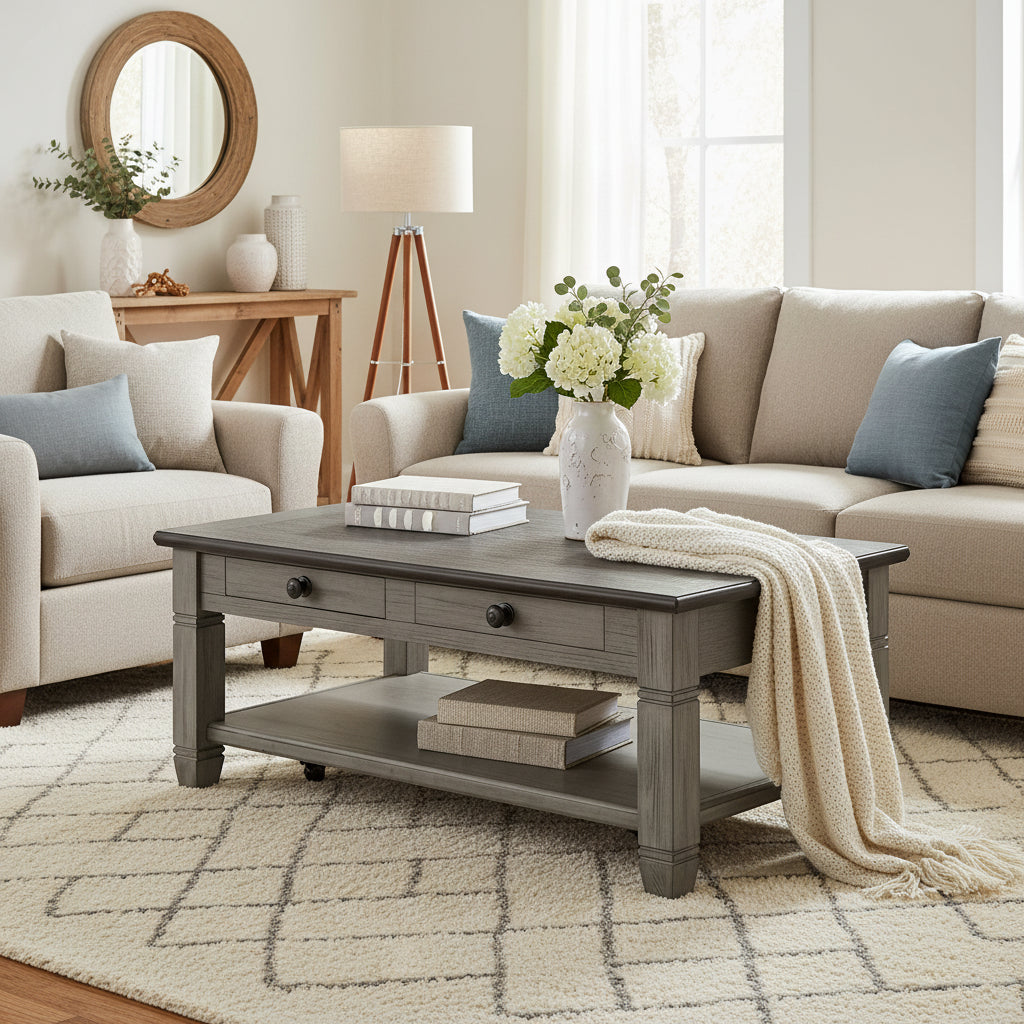 Rome 48 Inch Cocktail Table, 2 Drawers, Casters, Brown and Gray Solid Wood