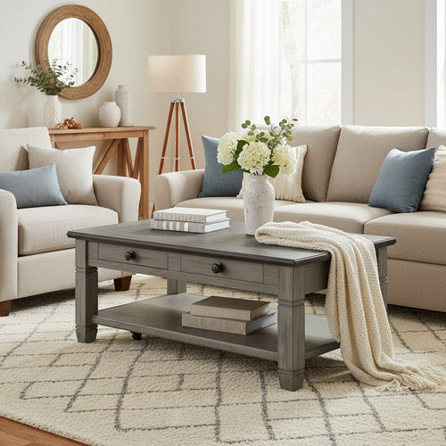 Rome 48 Inch Cocktail Table, 2 Drawers, Casters, Brown and Gray Solid Wood