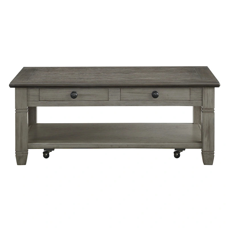 Table de cocktail de 48 po, 2 tiroirs, roulettes, bois massif brun et gris