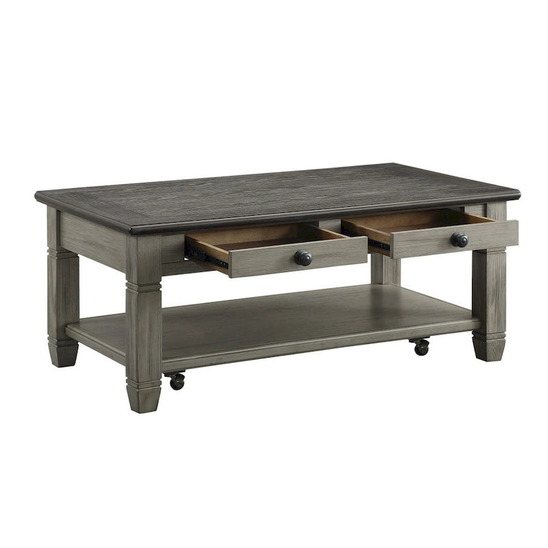Table de cocktail de 48 po, 2 tiroirs, roulettes, bois massif brun et gris