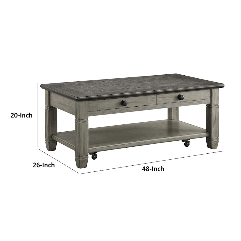 Table de cocktail de 48 po, 2 tiroirs, roulettes, bois massif brun et gris
