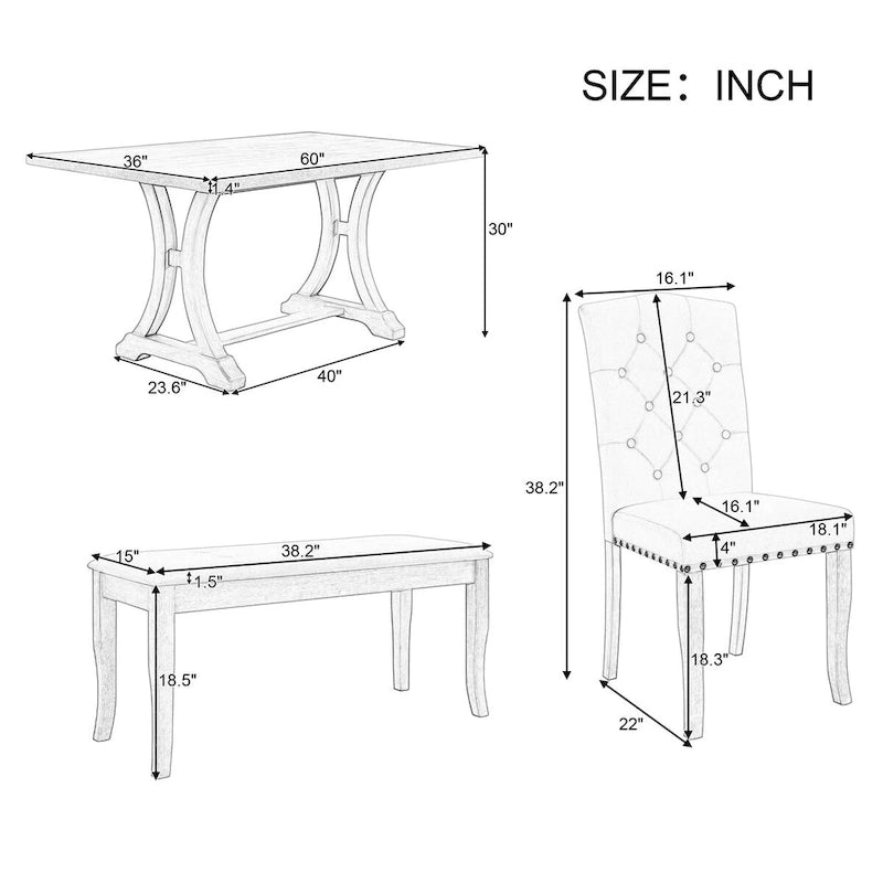 Table de salle à manger de ferme 6 pièces, table à tréteaux rectangulaire et 4 chaises rembourrées avec banc