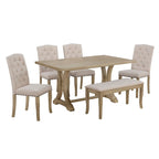 Table de salle à manger de ferme 6 pièces, table à tréteaux rectangulaire et 4 chaises rembourrées avec banc