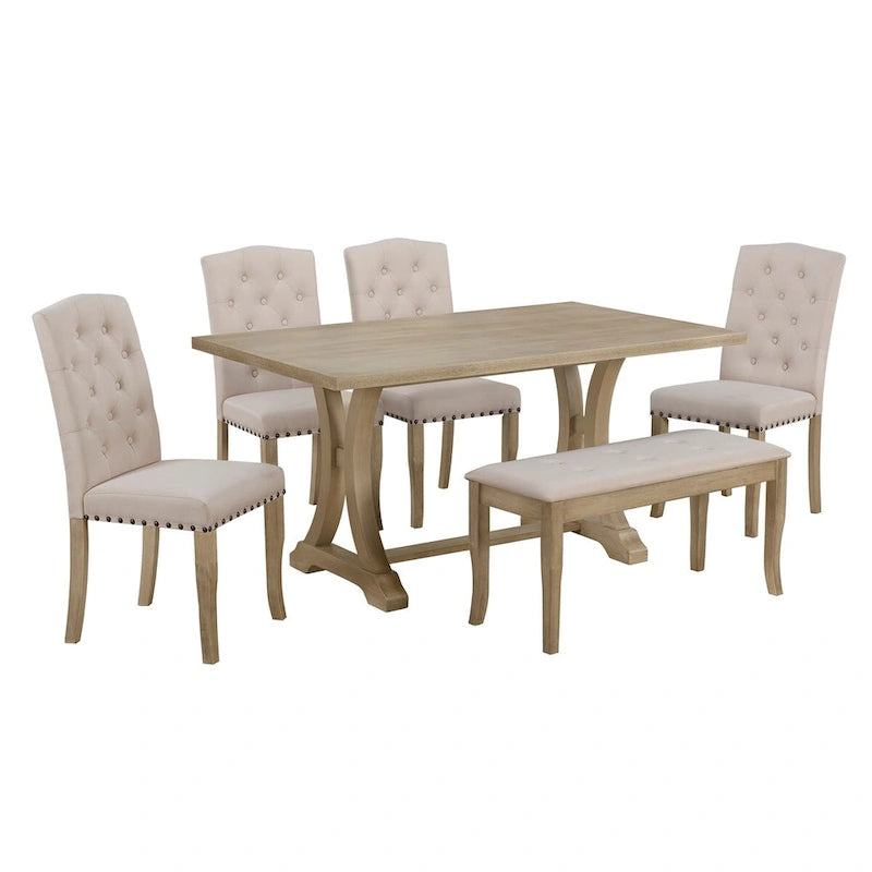 Table de salle à manger de ferme 6 pièces, table à tréteaux rectangulaire et 4 chaises rembourrées avec banc