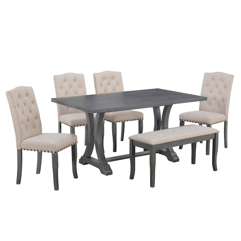 Table de salle à manger de ferme 6 pièces, table à tréteaux rectangulaire et 4 chaises rembourrées avec banc