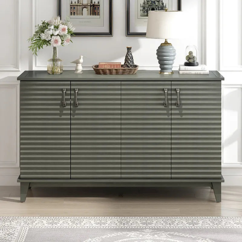 Buffet moderne à 4 portes avec grand espace de rangement, étagères réglables et poignées en métal