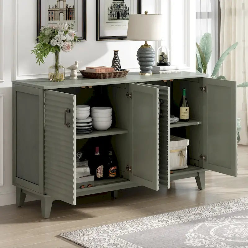 Buffet moderne à 4 portes avec grand espace de rangement, étagères réglables et poignées en métal