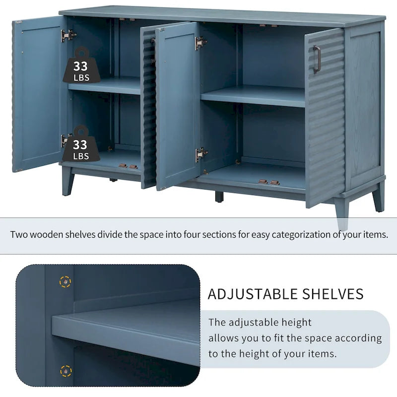 Buffet moderne à 4 portes avec grand espace de rangement, étagères réglables et poignées en métal