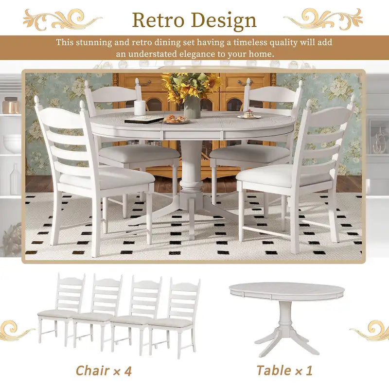 Table à manger ronde extensible 5 pièces et 4 chaises