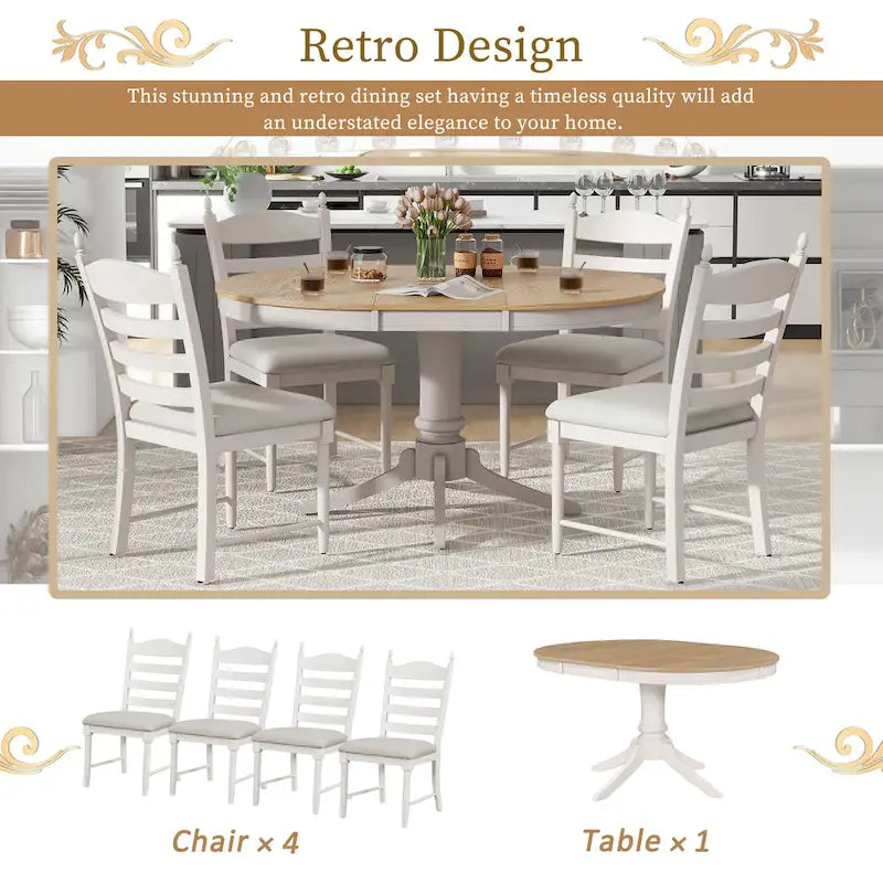 Table à manger ronde extensible 5 pièces et 4 chaises
