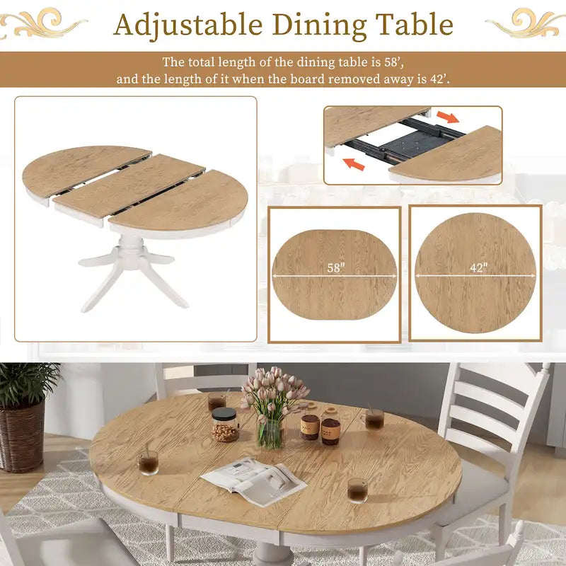 Table à manger ronde extensible 5 pièces et 4 chaises
