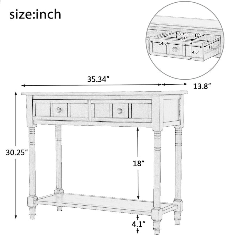 Console de style traditionnel avec deux tiroirs et une étagère inférieure