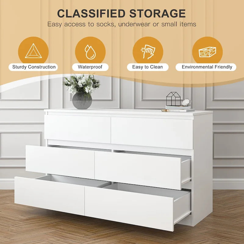 Commode double en bois à 6 tiroirs de 120 cm de large, grande unité de rangement, meuble TV et commode
