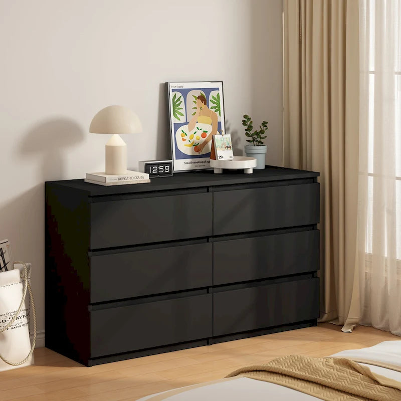 Commode double en bois à 6 tiroirs de 120 cm de large, grande unité de rangement, meuble TV et commode