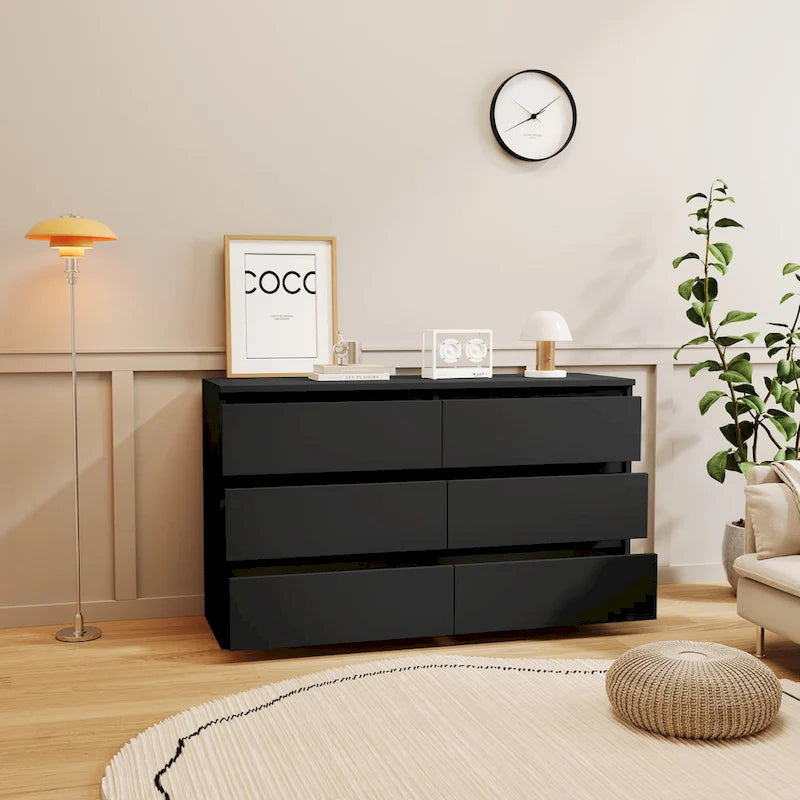 Commode double en bois à 6 tiroirs de 120 cm de large, grande unité de rangement, meuble TV et commode
