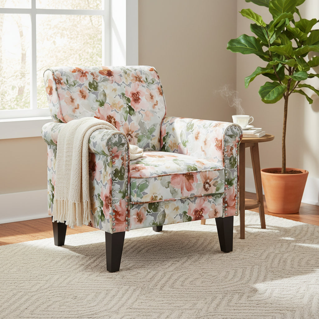 Fauteuil d'appoint traditionnel à accoudoirs roulés avec clous décoratifs couleur étain