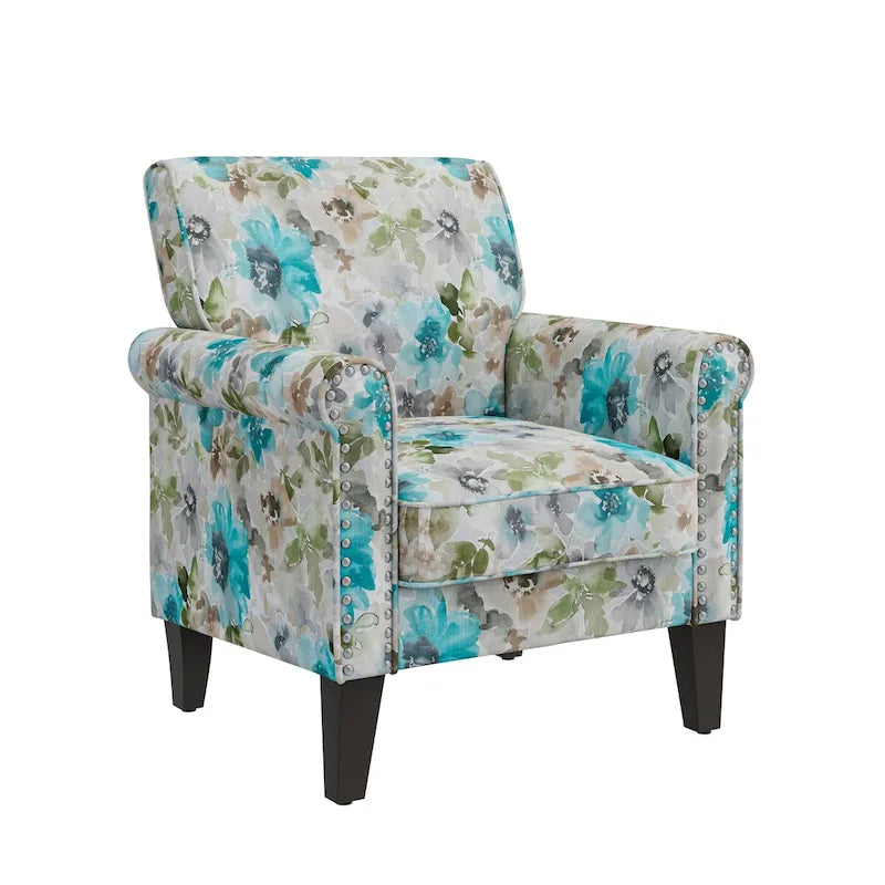 Fauteuil d'appoint traditionnel à accoudoirs roulés avec clous décoratifs couleur étain