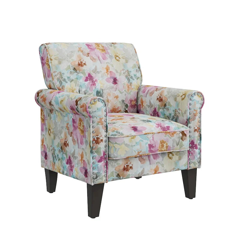 Fauteuil d'appoint traditionnel à accoudoirs roulés avec clous décoratifs couleur étain