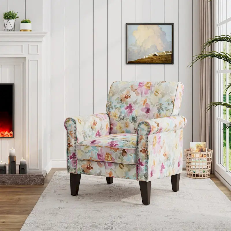 Fauteuil d'appoint traditionnel à accoudoirs roulés avec clous décoratifs couleur étain