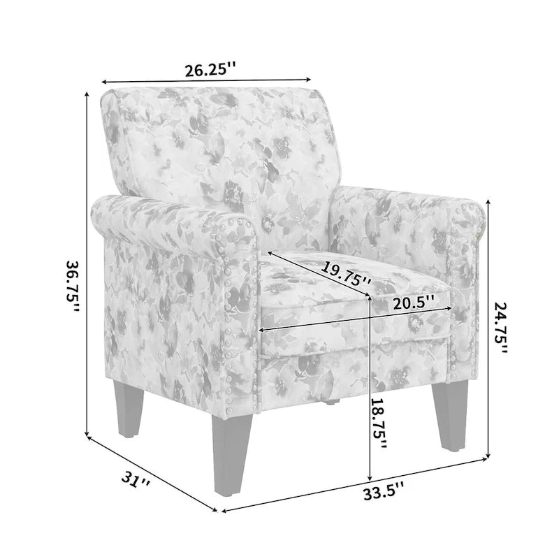 Fauteuil d'appoint traditionnel à accoudoirs roulés avec clous décoratifs couleur étain