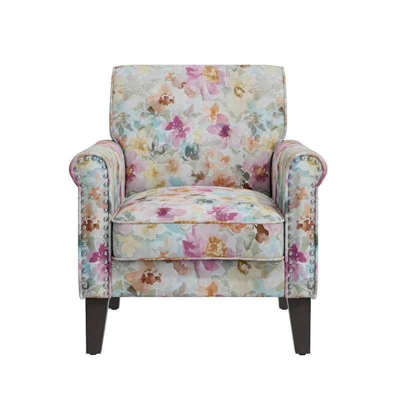 Fauteuil d'appoint traditionnel à accoudoirs roulés avec clous décoratifs couleur étain