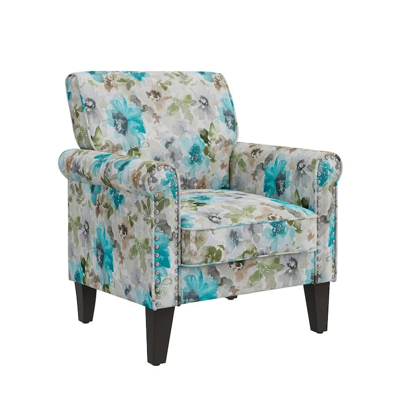 Fauteuil d'appoint traditionnel à accoudoirs roulés avec clous décoratifs couleur étain