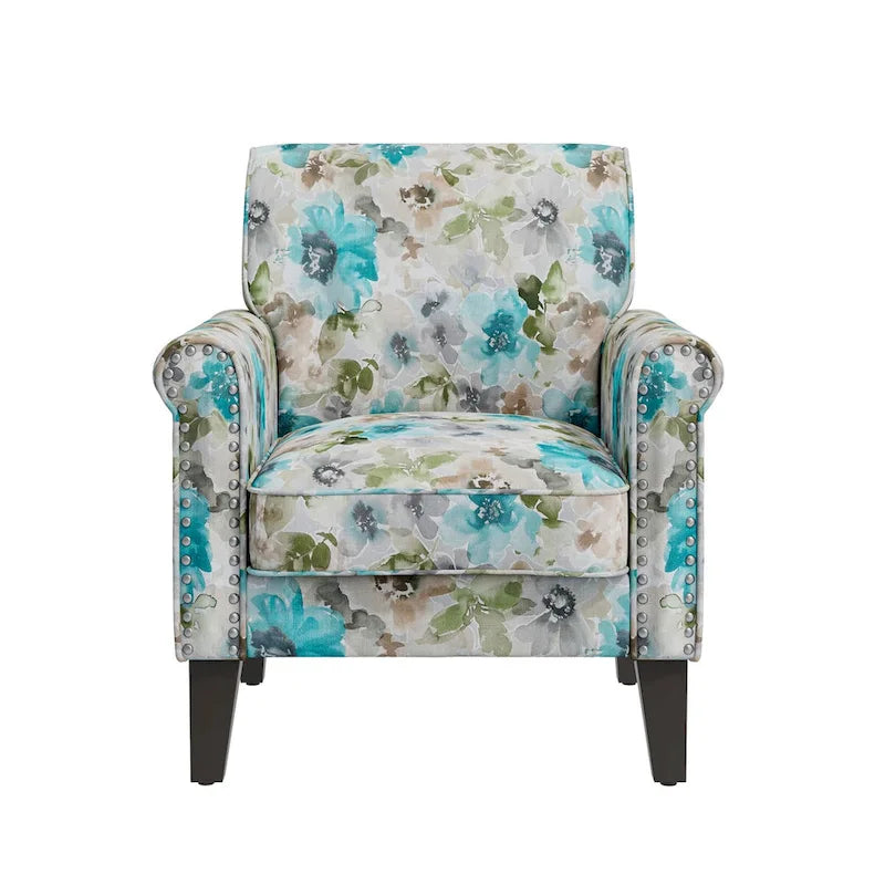 Fauteuil d'appoint traditionnel à accoudoirs roulés avec clous décoratifs couleur étain