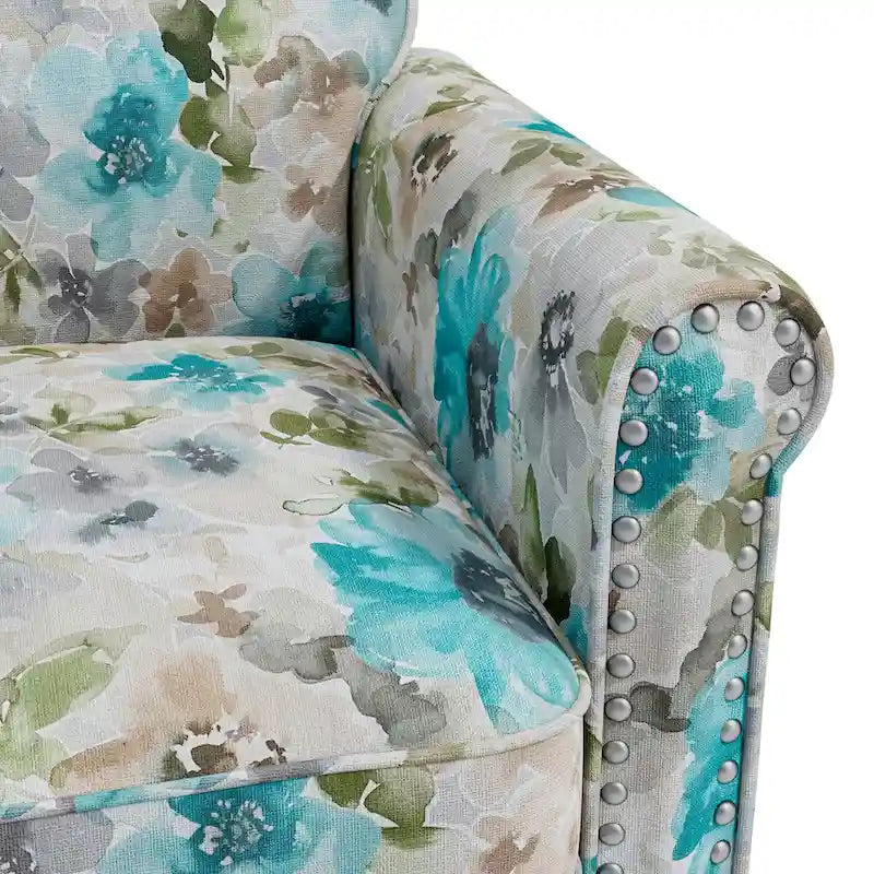Fauteuil d'appoint traditionnel à accoudoirs roulés avec clous décoratifs couleur étain