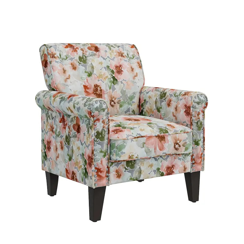 Fauteuil d'appoint traditionnel à accoudoirs roulés avec clous décoratifs couleur étain