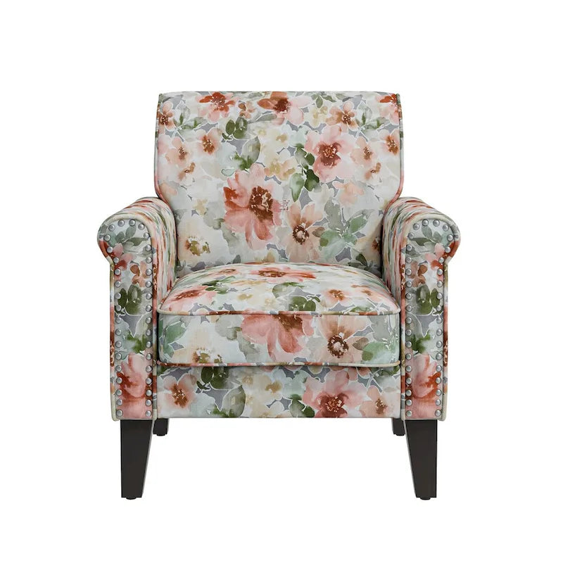 Fauteuil d'appoint traditionnel à accoudoirs roulés avec clous décoratifs couleur étain