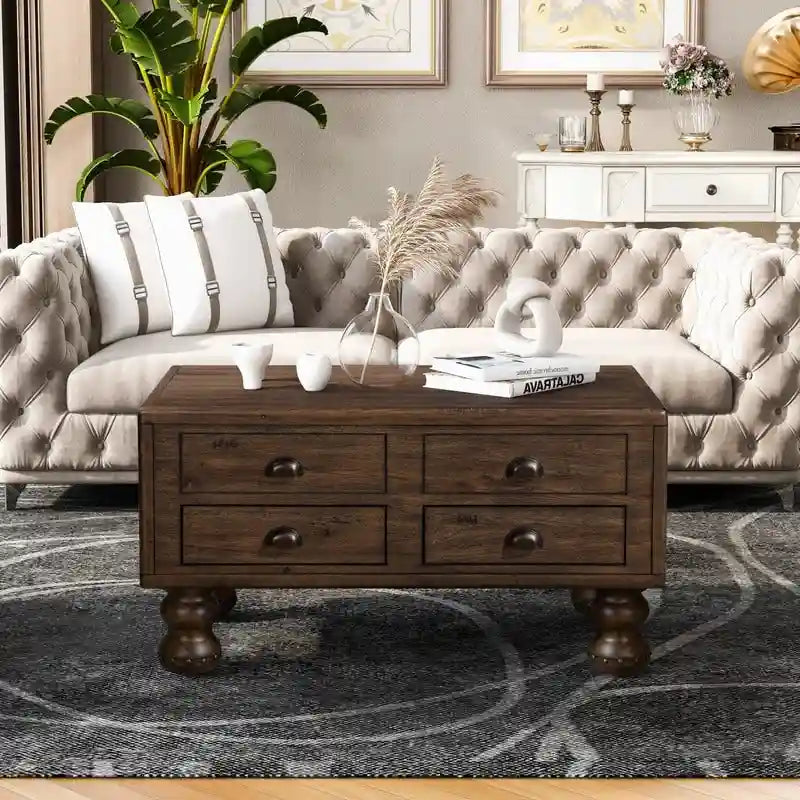 Solid Wood Rectangle Coffee Table with 4 Drawers