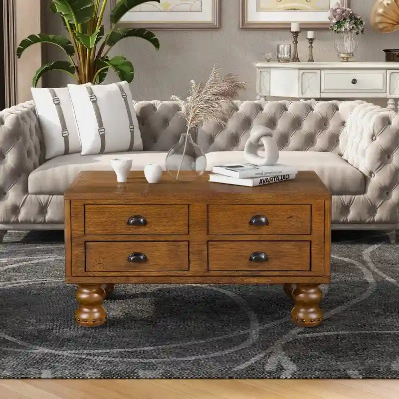 Solid Wood Rectangle Coffee Table with 4 Drawers