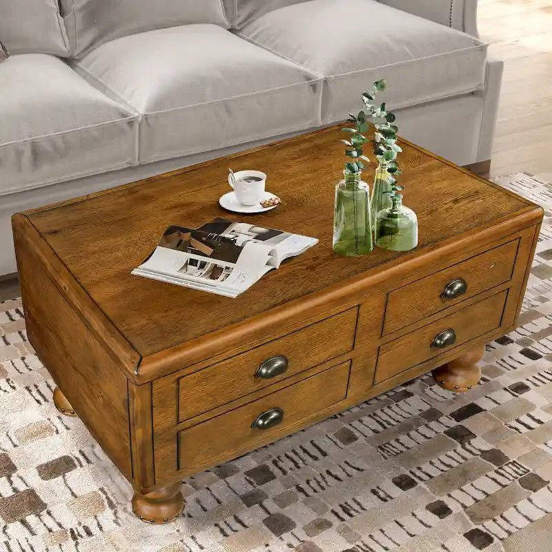 Table basse rectangulaire en bois massif avec 4 tiroirs