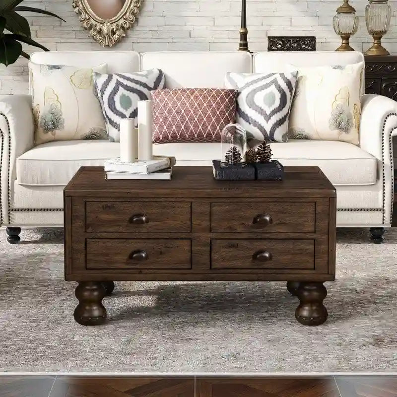 Table basse rectangulaire en bois massif avec 4 tiroirs